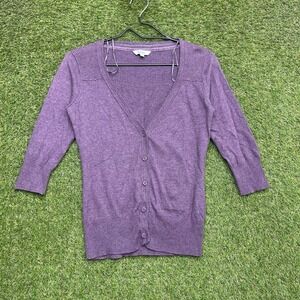 Fat Face Cardigan Shirt Womens 8 Purple Cotton Knit V Neck 3/4 Sleeve Light